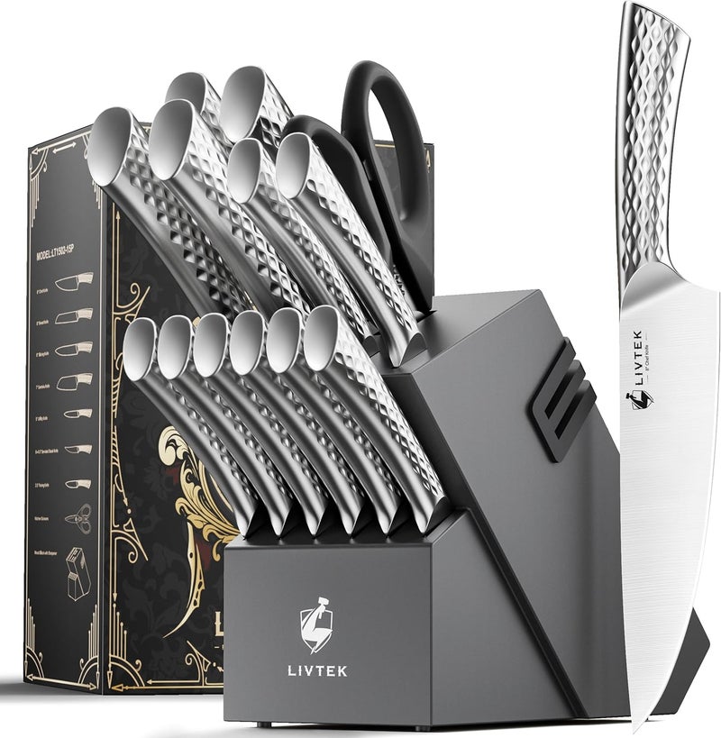 Livtek Knife Set with Block - Kitchen Knife Set German High-Carbon Stainless Steel with Built-in Sharpener - Full Tang Ergonomic Handle - Anti-Rust & Ultra Sharp - 15-Piece Set, Galaxy Series - Image 1